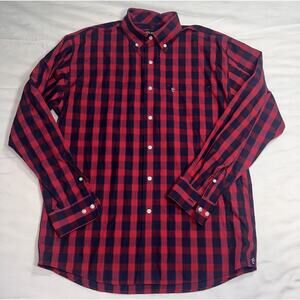 Rafter C Easy Wear Shirt Mens Size L Red Navy Plaid Button Western 100% Cotton